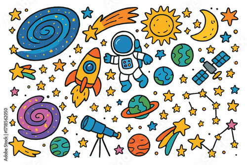 Colorful Galactic Doodle. Galaxies. Colorful Hand-drawn doodle Children illustration Galaxies spiral galaxy, stars, rocket, astronaut, comet, sun, moon,