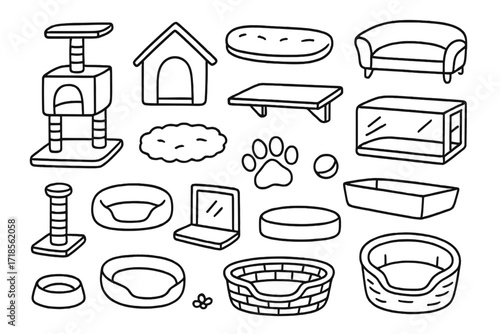 Pet Furniture Doodles. Pet Furniture. Hand-drawn doodle illustration pet furniture cat tree, dog house, cushion, sofa, scratching post, rug, shelf, box, bed,