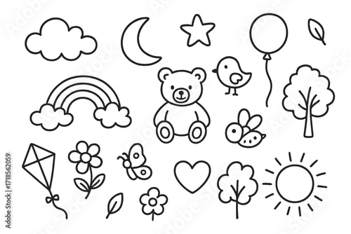 Nursery Wall Doodles. Hand-drawn doodle illustration Nursery wall decals, teddy bear, moon, star, cloud, balloon, rainbow, flower, butterfly, bird, heart,