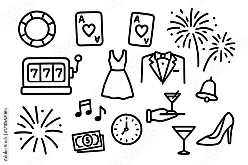 Casino Celebration Sketch. Hand-drawn doodle illustration Glamorous casino celebration poker chip, slot machine, dress icon, tuxedo, bowtie, fireworks, heart