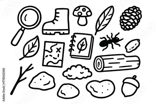 Forest Exploration Doodles. Hand-drawn doodle illustration [Exploring the forest ground] [magnifying glass, boot, notebook, leaf, mushroom, feather, pinecone,