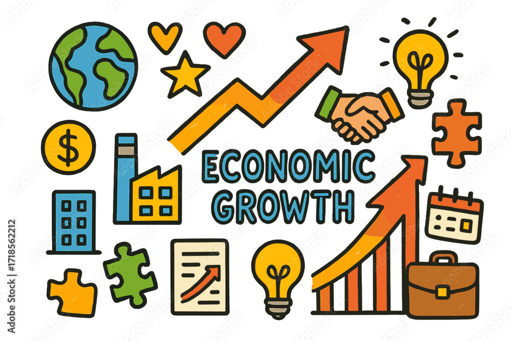 Fototapeta premium Economic Growth Doodles. Economic growth. Colorful Hand-drawn doodle Children illustration chart, arrow, coin, globe, handshake, star, heart, document,