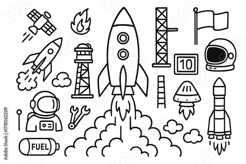 Rocket Launch Doodle. Rocket launch. Hand-drawn doodle illustration rocket launch rockets, flames, clouds, control towers, countdown clocks, helmets,