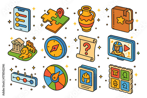 Interactive History Icons. Colorful isometric vector icons set of interactive history learning: historical timeline app, map puzzle, ancient artifact replica,