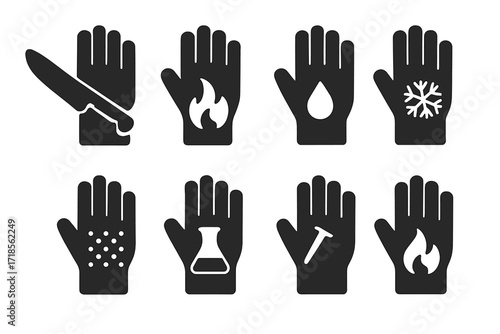 Safety Glove Icons. Solid, filled icon set of glove safety features: cut resistant, heat resistant, waterproof, insulated, anti-slip, chemical resistant,