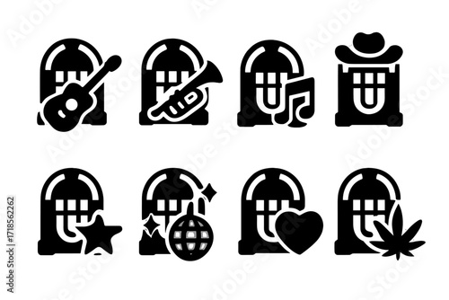 Jukebox Genre Icons. Solid, filled icon set of jukebox music genres: rock and roll, jazz, blues, country, pop, disco, soul, reggae. Solid, filled icons in only