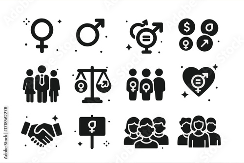 Equality Symbols Collection. Gender Equality. Solid icons set of female symbol, male symbol, gender-neutral symbol, equal pay, diverse workplace, balance