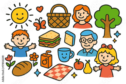Family Picnic Doodle. Colorful Hand-drawn doodle Children illustration Family Picnic basket, sandwich, fruit, bread, juice box, blanket, flower, sun, star,