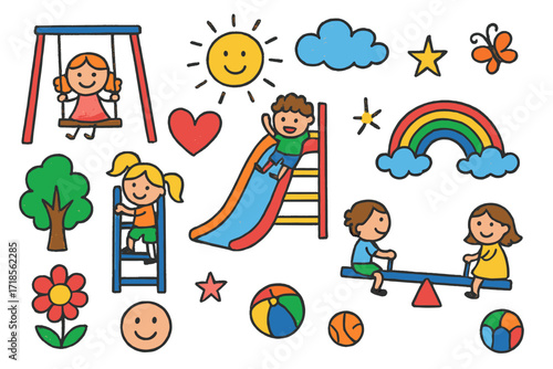 Playful Playground Doodles. Colorful Hand-drawn doodle Children illustration Playground Movement [swing, slide, seesaw, ball, child climbing, heart, star,