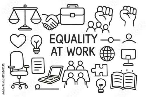 Equality at Work Icons. Hand-drawn doodle illustration Equality at Work [scales, handshake, briefcase, group of people, raised fist, balance line, heart,