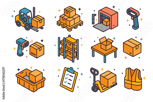 Warehouse Icons Set. Colorful isometric vector icons set of warehouse operations: forklift lifting box, stacked pallets, loading dock, barcode scanner,
