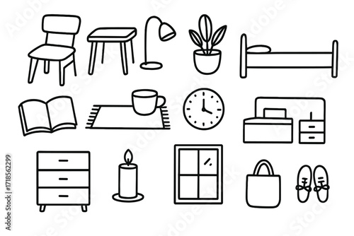 Minimalist Living Icons. Hand-drawn doodle illustration Minimalist lifestyle essentials [simple chair, table, lamp, plant in pot, book, cup, rug, clock, bed,
