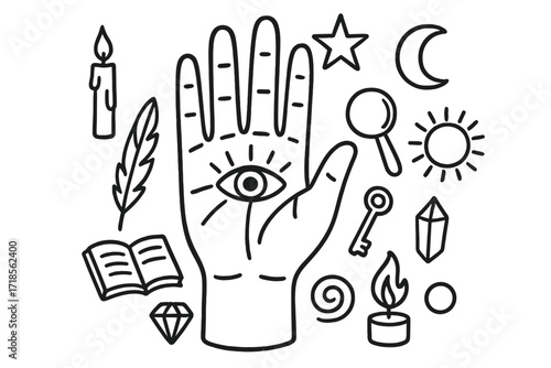 Mystical Palmistry Doodles. Hand-drawn doodle illustration palmistry hand with lines, eye, star, moon, sun, candle, feather, magnifying glass, book, key,
