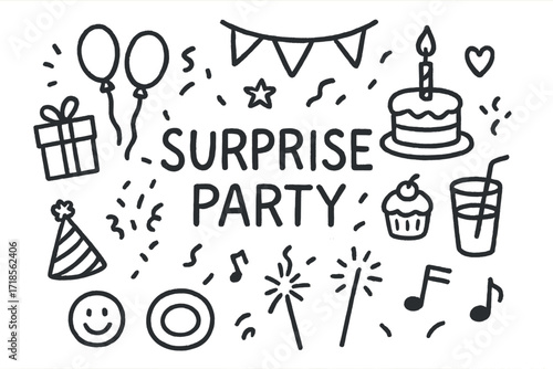 Surprise Party Icons. Hand-drawn doodle illustration Surprise party [gift box, balloons, confetti, cake, candle, party hat, banner, star, heart, drink glass,