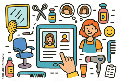 Salon Doodle Fun. Colorful Hand-drawn doodle Children illustration Salon Consultation Digital Screen digital tablet, salon chair, mirror, hairbrush, scissors,