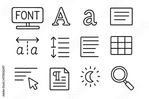 Font Design Elements. Hand-drawn doodle illustration Readable Typography font icon, serif letter, sans-serif letter, capital A, lowercase a, spacing icon, line