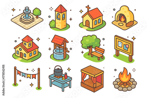 Village Community Icons. Colorful isometric vector icons set of Village Community Spaces: village square, old bell tower, small church, clay oven, schoolhouse,