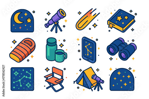 Star Gazing Icons. Colorful isometric vector icons set of Star observation night: moonlit sky, telescope silhouette, meteor streak, notebook under stars,