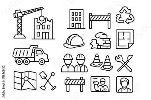 Urban Redevelopment Icons. Hand-drawn doodle illustration Urban redevelopment demolition icon, crane, new building, safety tape, construction plan, truck, hard