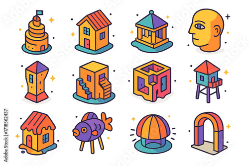 Bizarre Architecture Icons. Colorful isometric vector icons set of bizarre architecture: spiral tower, bent house, floating temple, building shaped like head,