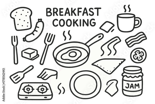 Breakfast Doodle Art. Hand-drawn doodle illustration Breakfast Cooking frying pan, toast, sausage, egg, coffee mug, butter, fork, spatula, bacon, tomato slice,