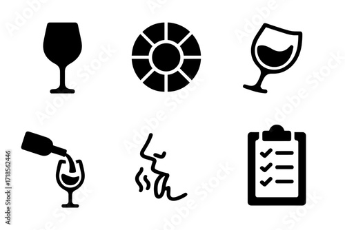 Wine Tasting Icons. Solid, filled icon set of wine tasting elements: wine glass, aroma wheel, tasting notes, wine swirl, wine pour, nose sniffing, wine tongue,