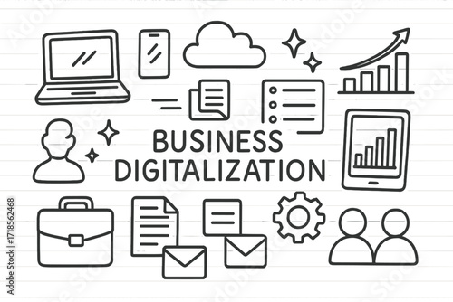 Business Digitalization Icons. Hand-drawn doodle illustration Business Digitalization [laptop, smartphone, tablet, cloud, server, chart, arrow, bar graph,