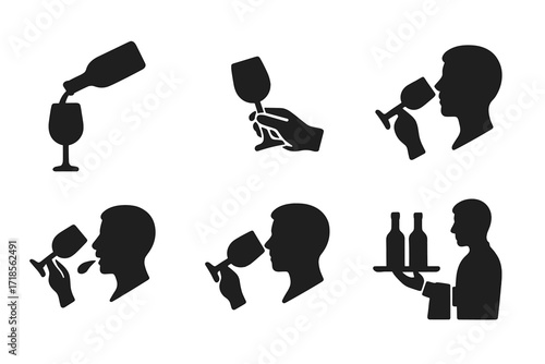 Wine Etiquette Icons. Solid, filled icon set of wine etiquette: pouring wine, holding glass, tasting, swirling, spitting, smelling, toasting, serving. Solid,