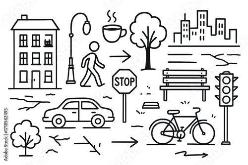 Chalk City Doodles. Hand-drawn doodle illustration [chalk art of city life] [building sketch, street lamp, car outline, pedestrian, coffee cup, city tree, stop