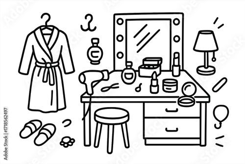 Vanity Essentials Doodle. Hand-drawn doodle illustration [dressing room corner] [vanity mirror, stool, clothes hanger, perfume, jewelry box, hair dryer,
