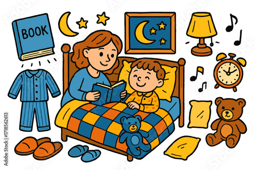 Family Bedtime Storytime. Colorful Hand-drawn doodle Children illustration Family Bedtime book, bed, blanket, pajamas, teddy bear, night lamp, moon, stars,