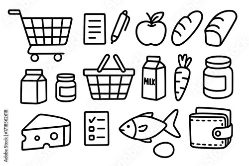 Grocery Shopping Essentials. Hand-drawn doodle illustration Grocery shopping essentials [shopping cart, basket, notepad, pen, apple, bread, milk carton, jar,