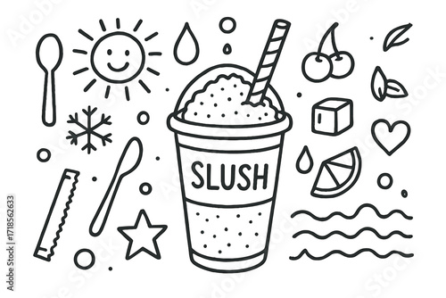 Summer Slush Cup Doodle. Hand-drawn doodle illustration Summer slush cup with straw, sun, ice cubes, droplet, snowflake, cherry, lemon wedge, swirl, heart,