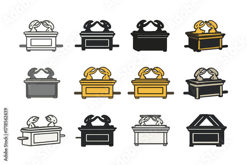 Ark Emblem Variations. Set Logo of religious myths and their cultural importance: ark of the covenant. Logo set in vector style, emblematic variations. line,
