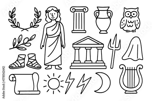 Greek Mythology Doodles. Hand-drawn doodle illustration Greek goddess laurel wreath, toga, column, amphora, owl, olive branch, sandals, scroll, temple,