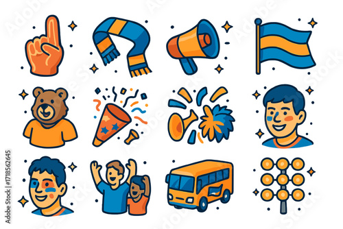 Team Spirit Icons. Colorful isometric vector icons set of team spirit and fan support: foam finger, team scarf, megaphone, banner flag, team mascot, confetti