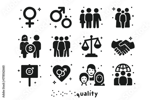 Symbols of Equality. Gender Equality. Solid icons set of female symbol, male symbol, gender-neutral symbol, equal pay, diverse workplace, balance scale, group