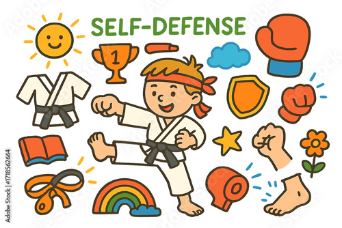 Karate Doodle Icons. Colorful Hand-drawn doodle Children illustration Self-Defense Karate [karate gi, belt, glove, whistle, shield, headband, punching hand,