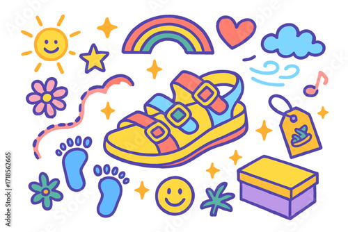 Colorful Sandals Doodle. Colorful Hand-drawn doodle Children illustration Colorful Sandals Display rainbow sandal, star, heart, smiley face, flower, sparkle,