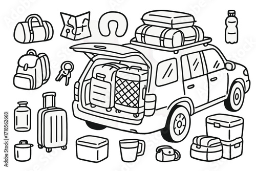 SUV Packed for Travel. Hand-drawn doodle illustration [Luggage loaded in SUV] [SUV, luggage bags, duffel bag, backpack, roof rack, open trunk, suitcase, folded