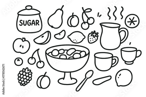Fruit Compote Doodle. Hand-drawn doodle illustration fruit compote bowl, spoon, apple slice, pear slice, plum, cherry, raspberry, blueberry, strawberry, sugar