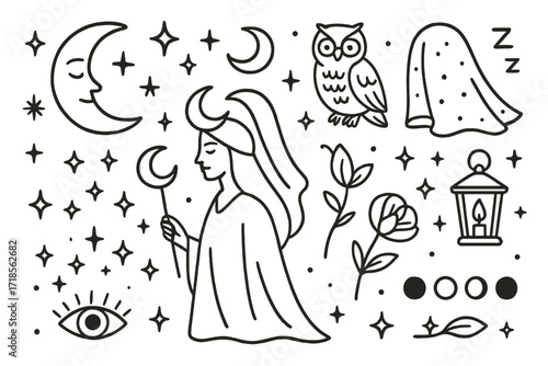 Moon Goddess Doodle. Hand-drawn doodle illustration Moon goddess crescent moon, stars, owl, night sky, veil, sleep symbol, sparkles, lantern, moon phase chart,