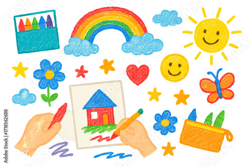 Playful Crayon Doodle. Colorful Hand-drawn doodle Children illustration Drawing with Crayons crayon box, rainbow, sun, smiley face, flower, heart, paper sheet,
