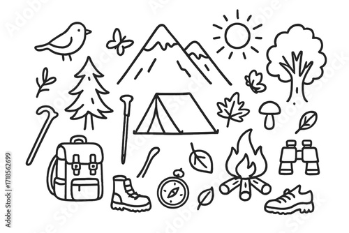 Outdoor Adventure Doodle. Hand-drawn doodle illustration [scenic outdoor journey] [mountain peak, pine tree, oak tree, tent, backpack, walking stick, hiking