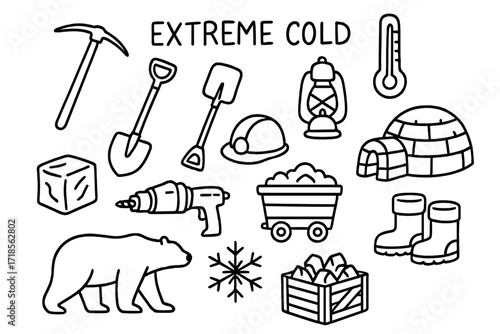 Extreme Cold Mining Icons. Hand-drawn doodle illustration Extreme cold mining, ice pick, snow shovel, pickaxe, hard hat, lantern, mining cart, drill, ice