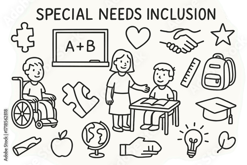 Inclusive Education Icons. Hand-drawn doodle illustration Special needs inclusion [wheelchair, student, teacher, book, chalkboard, puzzle piece, heart,