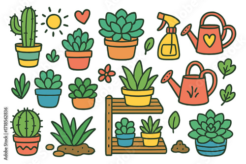 Colorful Succulent Doodles. Succulent Collection. Colorful Hand-drawn doodle Children illustration Succulent Collection cactus, aloe vera, small pots, pebbles,
