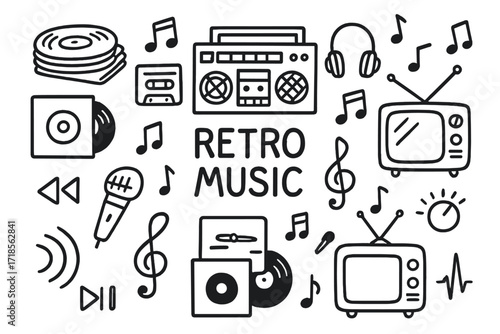 Retro Music Icons. Hand-drawn doodle illustration Retro music collection [vinyl stack, boombox, cassette tape, radio, headphones, music notes, record sleeve,