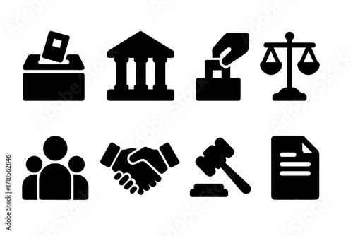 Civic Duty Icons. Solid, filled icon set of civic duty: ballot box, courthouse, voting hand, scales of justice, gavel, community group, handshake, document.