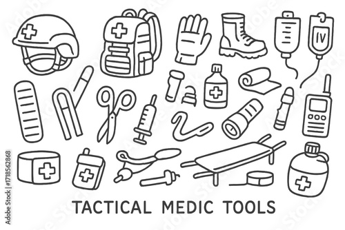 Tactical Medic Gear Icons. Hand-drawn doodle illustration tactical medic tools helmet, backpack, gloves, boots, bandage, syringe, IV bag, splint, scissors,